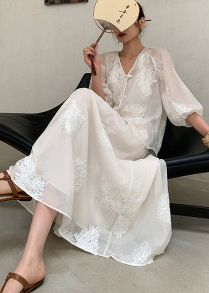 Embroidered Two Beige Piece Retro New Set Cotton Summer Outfits FashionChic