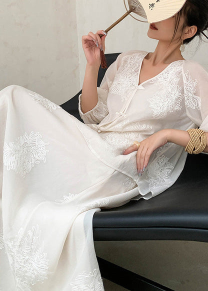 Embroidered Two Beige Piece Retro New Set Cotton Summer Outfits FashionChic