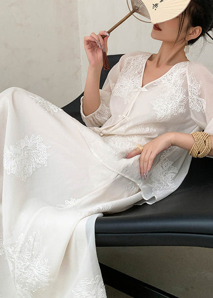 Embroidered Two Beige Piece Retro New Set Cotton Summer Outfits FashionChic