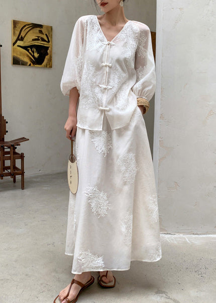 Embroidered Two Beige Piece Retro New Set Cotton Summer Outfits FashionChic