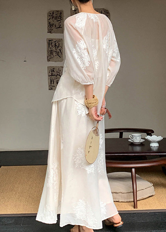 Embroidered Two Beige Piece Retro New Set Cotton Summer Outfits FashionChic