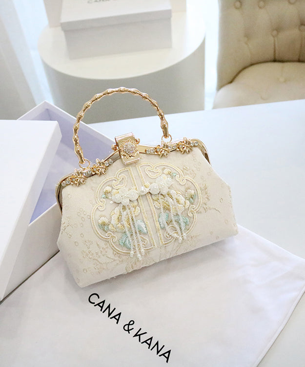 Handbag Beige Embroidered Retro Cotton New Tote Zircon FashionChic