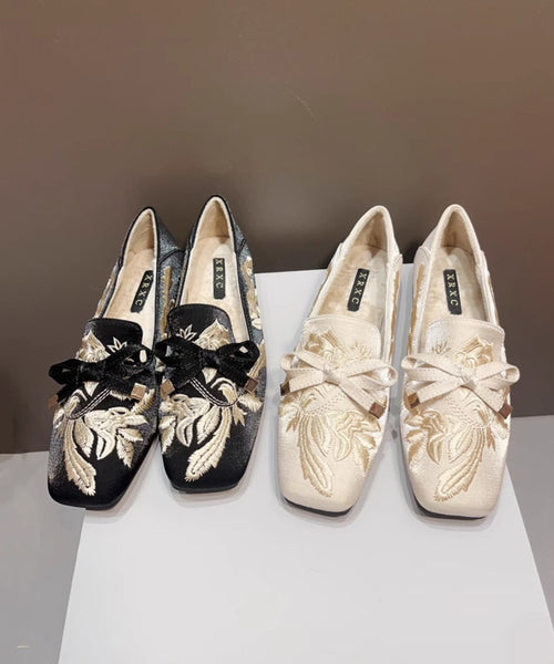 New Retro Wool Shoes Embroidered Fuzzy Flat Black Feet Lined FashionChic