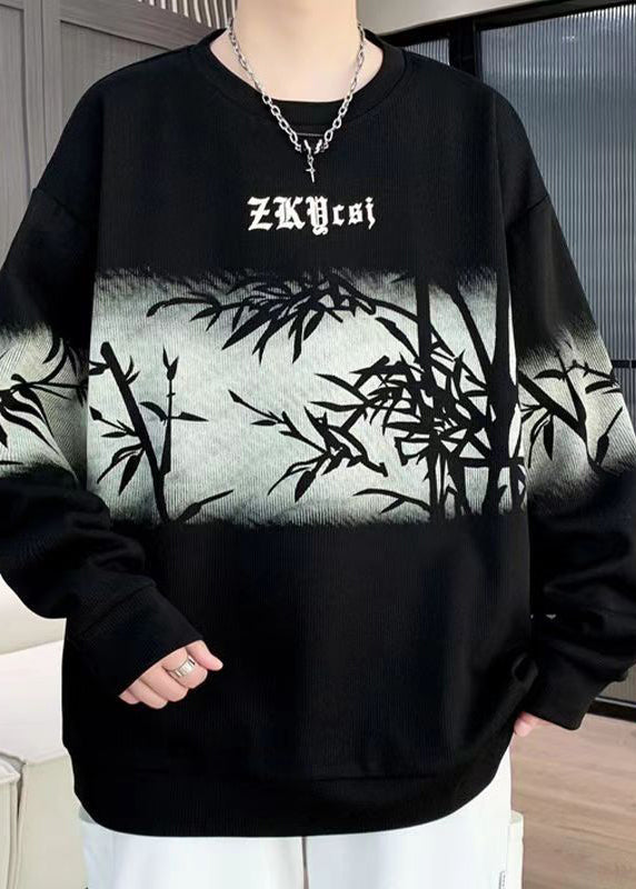 New Retro Black O Neck Print Cotton Men Pullover Streetwear Fall EQ011 ABC