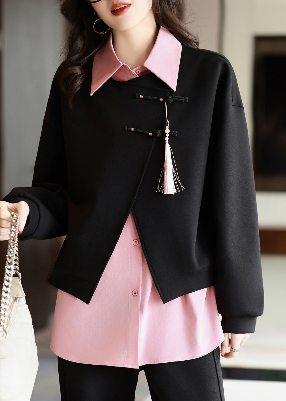 New Retro Black Peter Pan Collar Tassel Patchwork Cotton Shirt Fall QL044 OM-OL241021