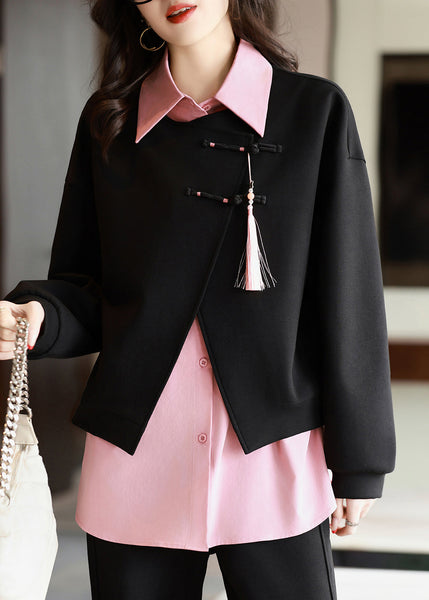 New Retro Black Peter Pan Collar Tassel Patchwork Cotton Shirt Fall QL044 OM-OL241021