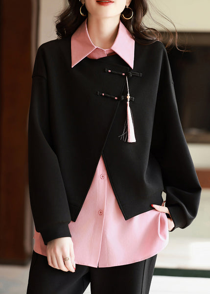 New Retro Black Peter Pan Collar Tassel Patchwork Cotton Shirt Fall QL044 OM-OL241021