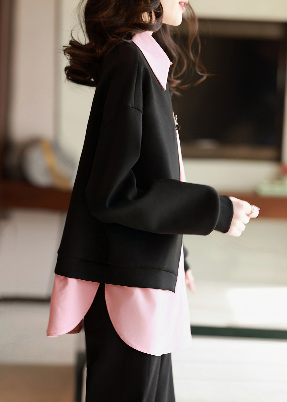 New Retro Black Peter Pan Collar Tassel Patchwork Cotton Shirt Fall QL044 OM-OL241021