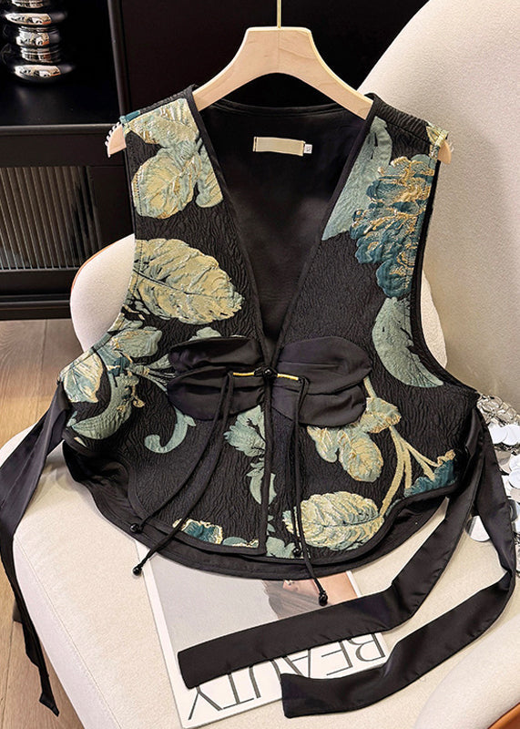Black Tasseled Summer Jacquard Vests New Silk Retro FashionChic
