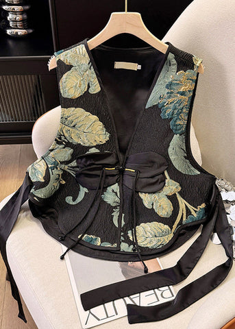 Black Tasseled Summer Jacquard Vests New Silk Retro FashionChic