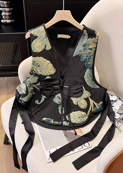 Black Tasseled Summer Jacquard Vests New Silk Retro FashionChic