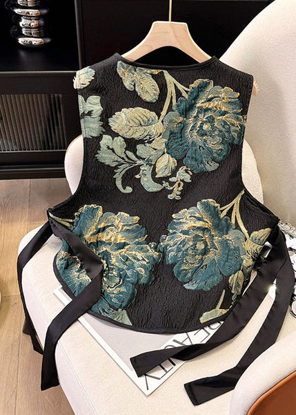 Black Tasseled Summer Jacquard Vests New Silk Retro FashionChic