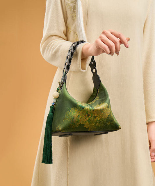 Bag Print Green Retro Tassel Blackish Silk New Tote FashionChic