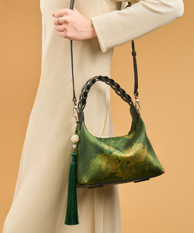 Bag Print Green Retro Tassel Blackish Silk New Tote FashionChic