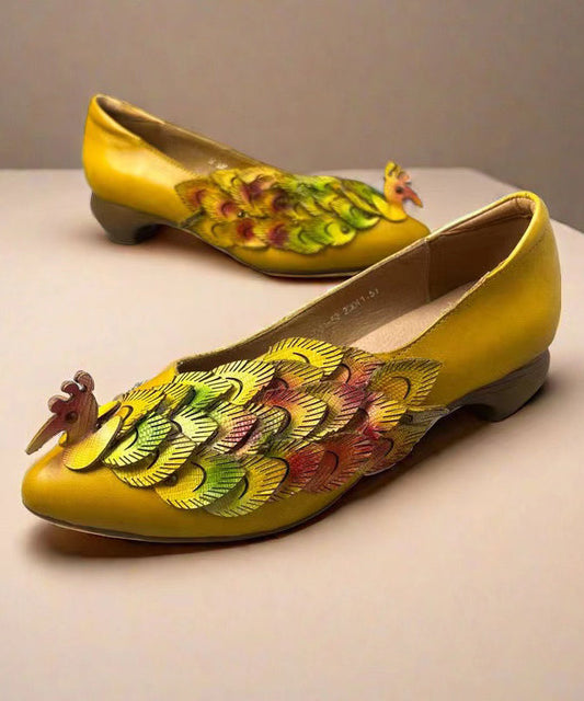 New Retro Ethnic Style Yellow Pointed Toe Cowhide Leather Shoes KJ055 Shoe-PDX240714