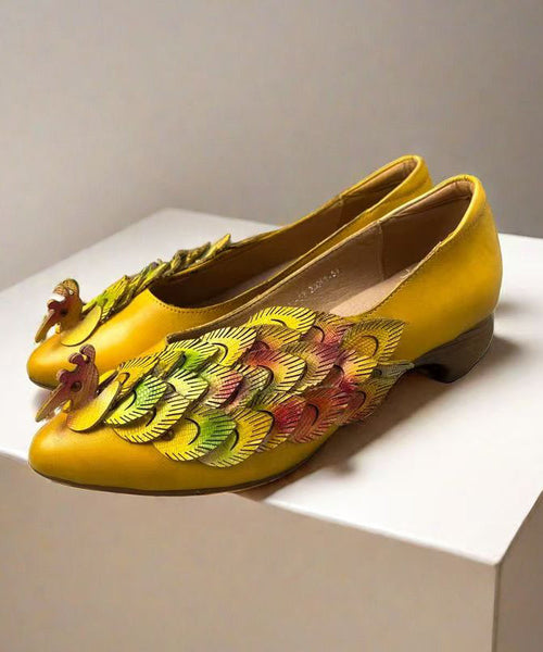 New Retro Ethnic Style Yellow Pointed Toe Cowhide Leather Shoes KJ055 Shoe-PDX240714