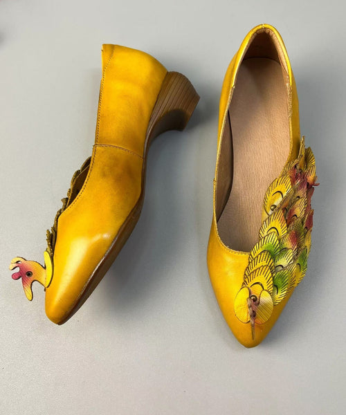 New Retro Ethnic Style Yellow Pointed Toe Cowhide Leather Shoes KJ055 Shoe-PDX240714