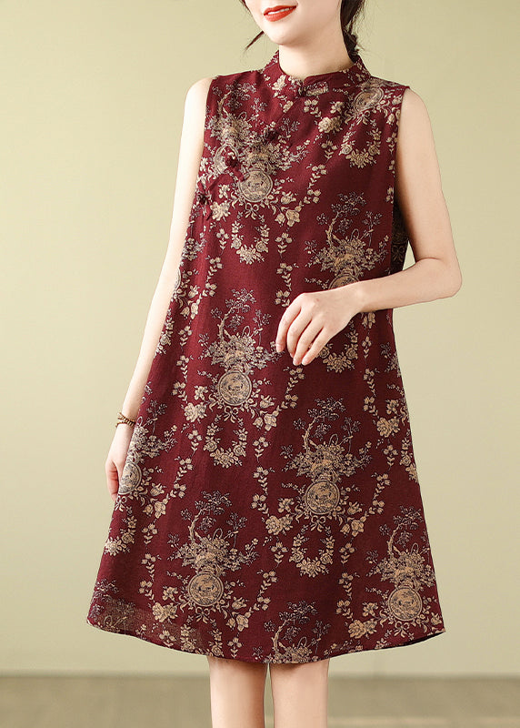 Collar Retro New A Mulberry Mandarin Dress Print Cotton Line FashionChic