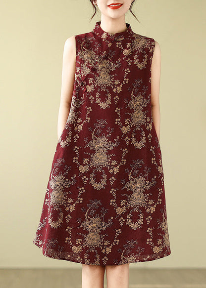 Collar Retro New A Mulberry Mandarin Dress Print Cotton Line FashionChic