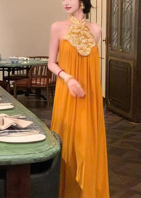 Chiffon New Halter Orange Retro Patchwork Summer Dresses FashionChic