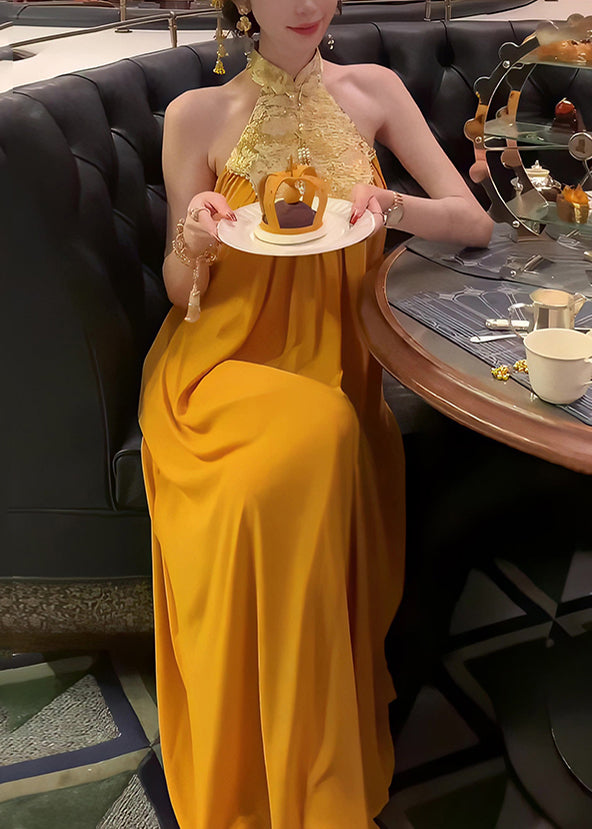 Chiffon New Halter Orange Retro Patchwork Summer Dresses FashionChic