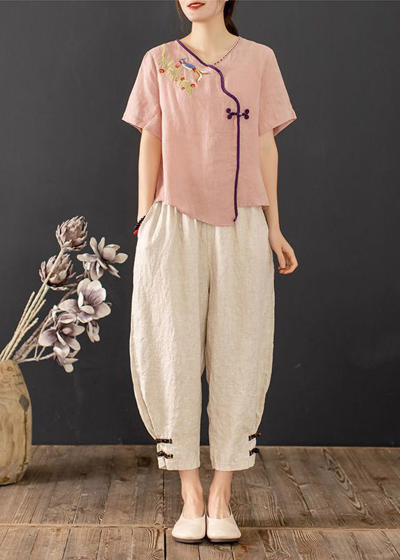 New Chinese Piece Retro Summer Button Embroidered Pink Outfit 2 FashionChic