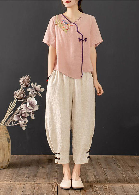 New Chinese Piece Retro Summer Button Embroidered Pink Outfit 2 FashionChic