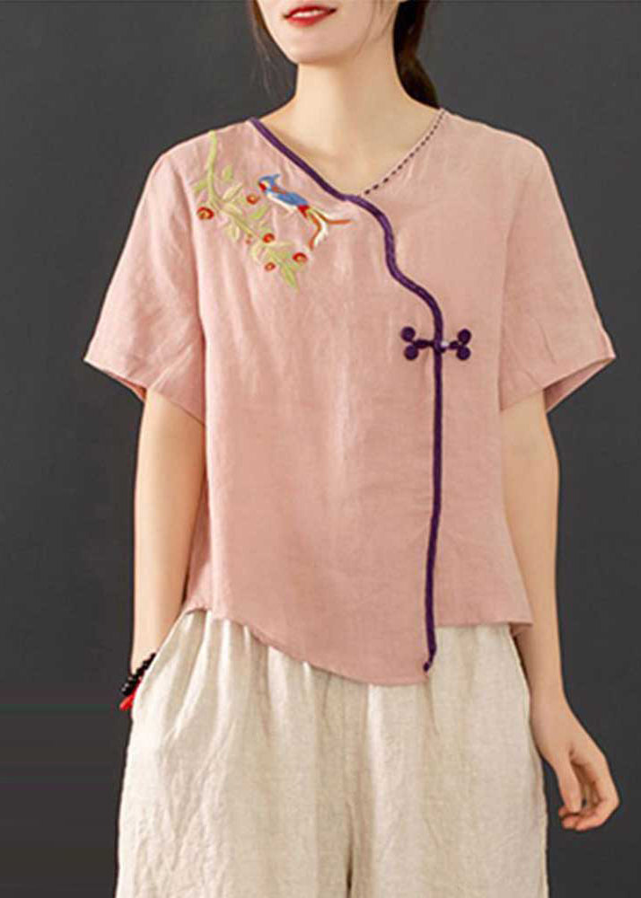 New Chinese Piece Retro Summer Button Embroidered Pink Outfit 2 FashionChic