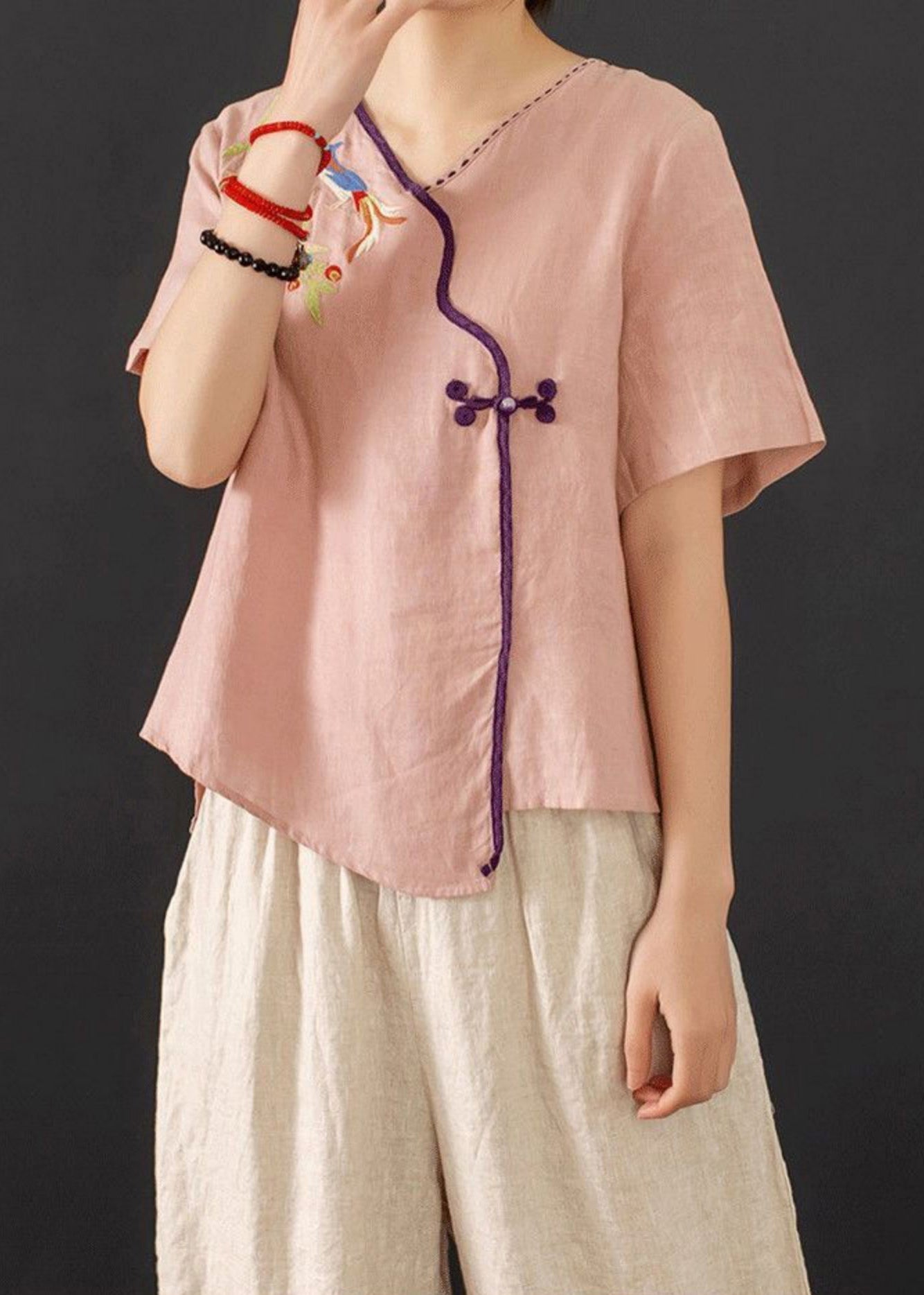 New Chinese Piece Retro Summer Button Embroidered Pink Outfit 2 FashionChic