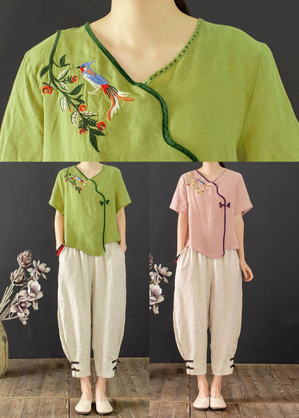 New Chinese Piece Retro Summer Button Embroidered Pink Outfit 2 FashionChic