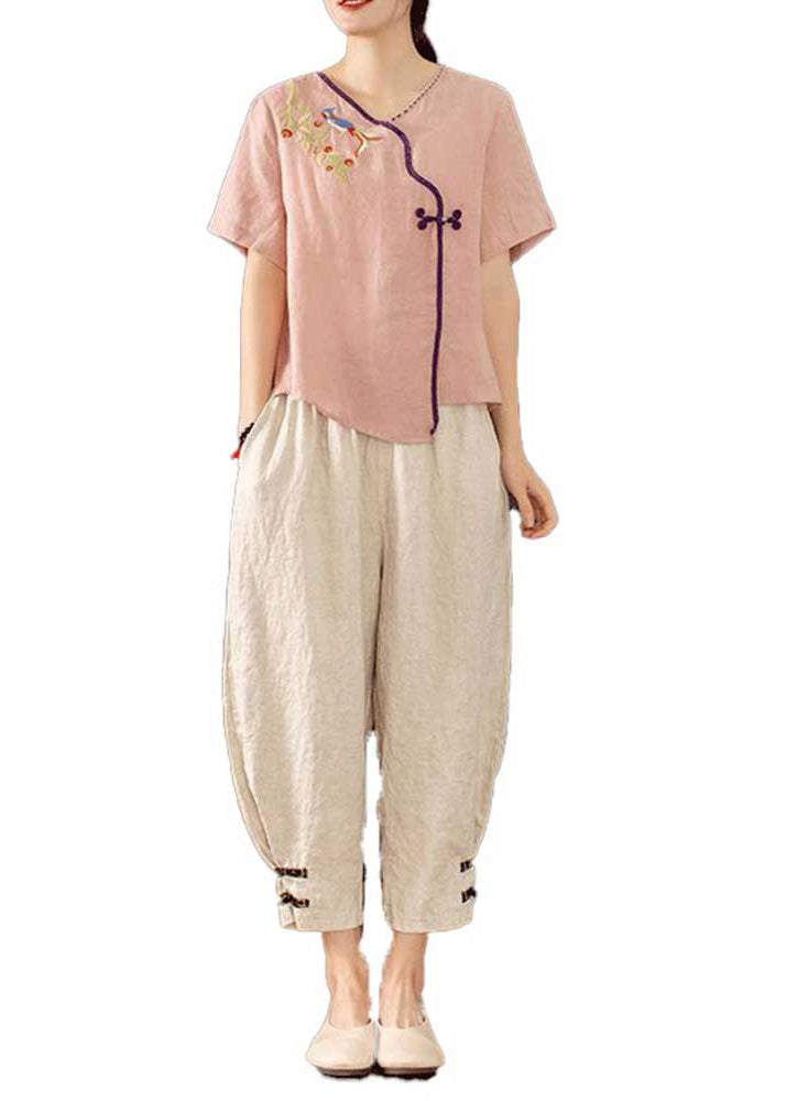New Chinese Piece Retro Summer Button Embroidered Pink Outfit 2 FashionChic
