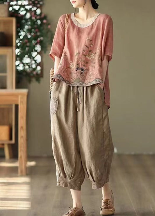 Summer Retro Linen Two Piece New Oversized Pink Set Print FashionChic