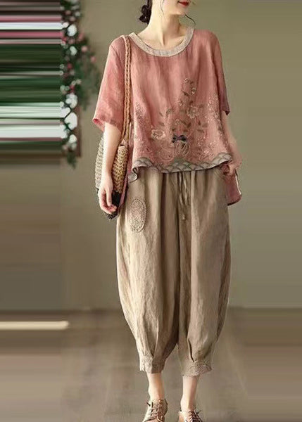 Summer Retro Linen Two Piece New Oversized Pink Set Print FashionChic