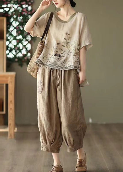 Summer Retro Linen Two Piece New Oversized Pink Set Print FashionChic