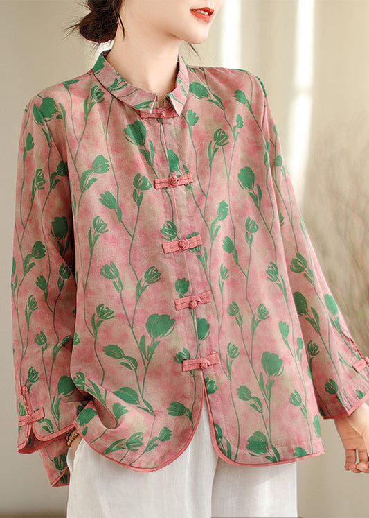 New Retro Pink Peter Pan Collar Print Chinese Button Cotton Shirts Top Fall OO040 OM-CS240814