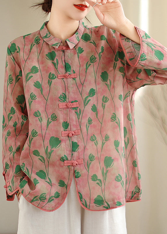 New Retro Pink Peter Pan Collar Print Chinese Button Cotton Shirts Top Fall OO040 OM-CS240814