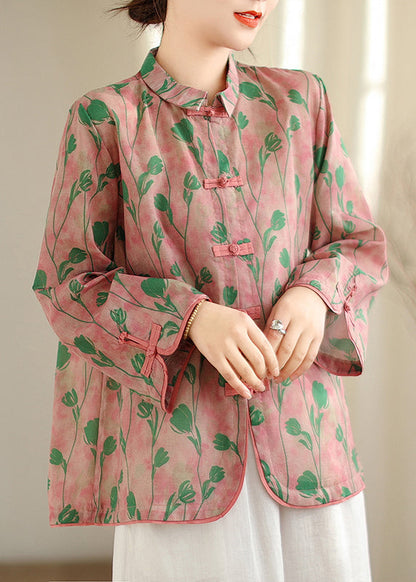 New Retro Pink Peter Pan Collar Print Chinese Button Cotton Shirts Top Fall OO040 OM-CS240814