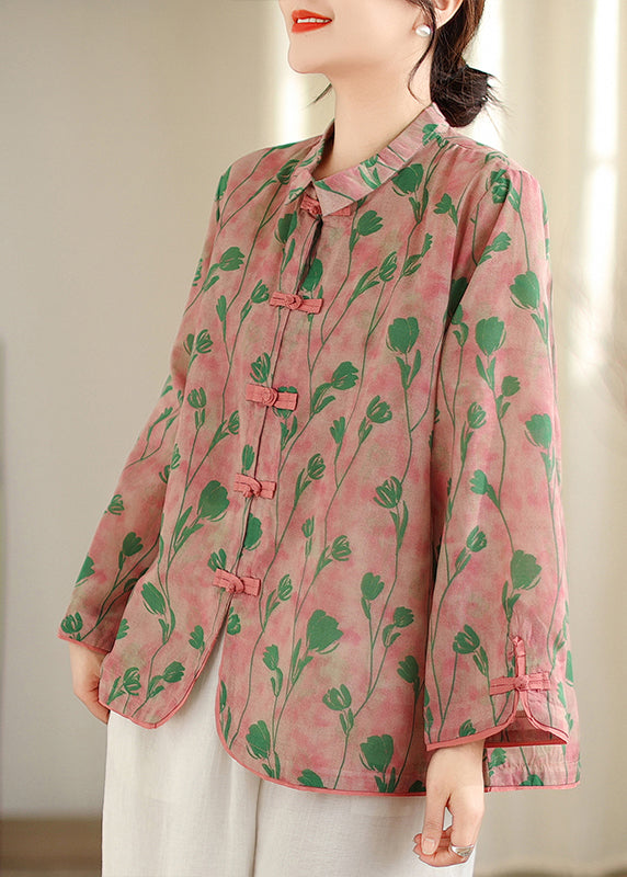 New Retro Pink Peter Pan Collar Print Chinese Button Cotton Shirts Top Fall OO040 OM-CS240814