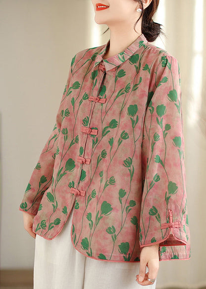 New Retro Pink Peter Pan Collar Print Chinese Button Cotton Shirts Top Fall OO040 OM-CS240814