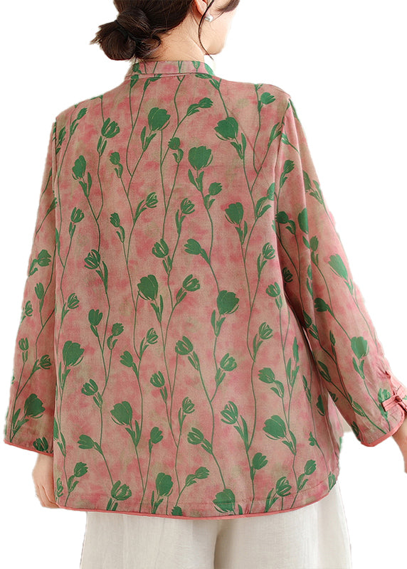 New Retro Pink Peter Pan Collar Print Chinese Button Cotton Shirts Top Fall OO040 OM-CS240814