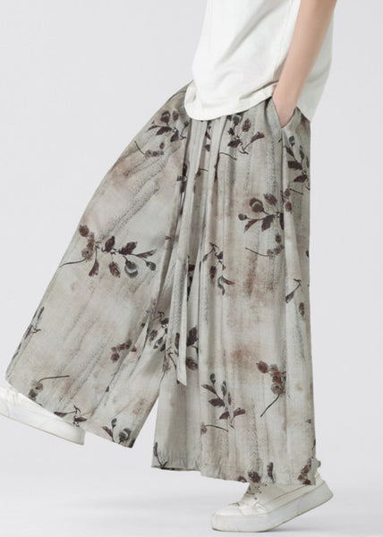 New Retro Pockets Print Elastic Waist Ice Silk Men Wide Leg Pants Summer SA050 Men-casual-MENCP240726