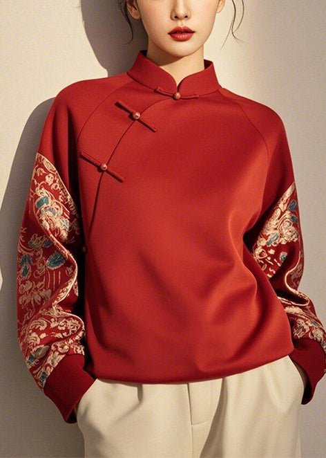 New Retro Red Chinese Button Patchwork Cotton Pullover Sweatshirt Spring YJ035 ABC