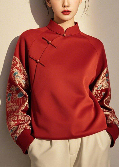 New Retro Red Chinese Button Patchwork Cotton Pullover Sweatshirt Spring YJ035 ABC