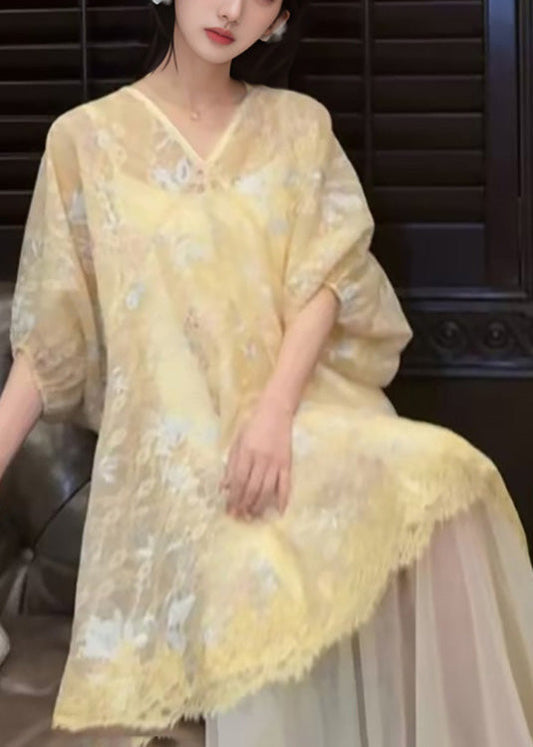 Asymmetrical Embroidered Yellow Dress Retro New Tulle Oriental FashionChic