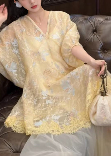 Asymmetrical Embroidered Yellow Dress Retro New Tulle Oriental FashionChic