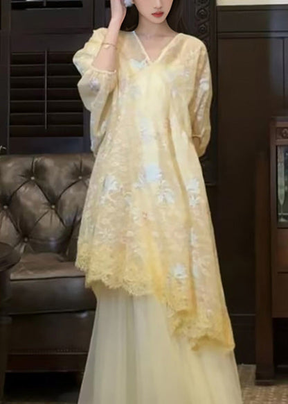 Asymmetrical Embroidered Yellow Dress Retro New Tulle Oriental FashionChic