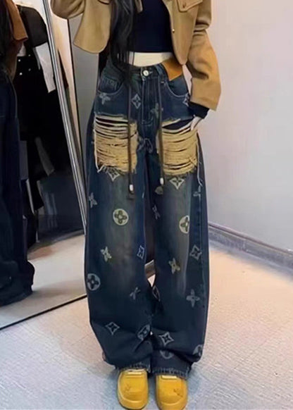 New Ripped Printed Denim Straight Leg Pants For Spring QQ1034 Ada Fashion