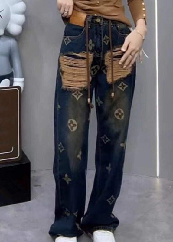 New Ripped Printed Denim Straight Leg Pants For Spring QQ1034 Ada Fashion