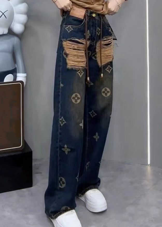 New Ripped Printed Denim Straight Leg Pants For Spring QQ1034 Ada Fashion