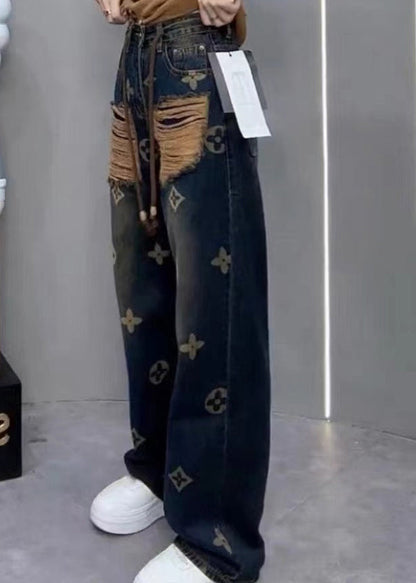 New Ripped Printed Denim Straight Leg Pants For Spring QQ1034 Ada Fashion